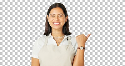 Buy stock photo Portrait, pointing and review with a barista woman isolated on a transparent background. Smile, coming soon and restaurant information with a happy young female person on PNG for product marketing