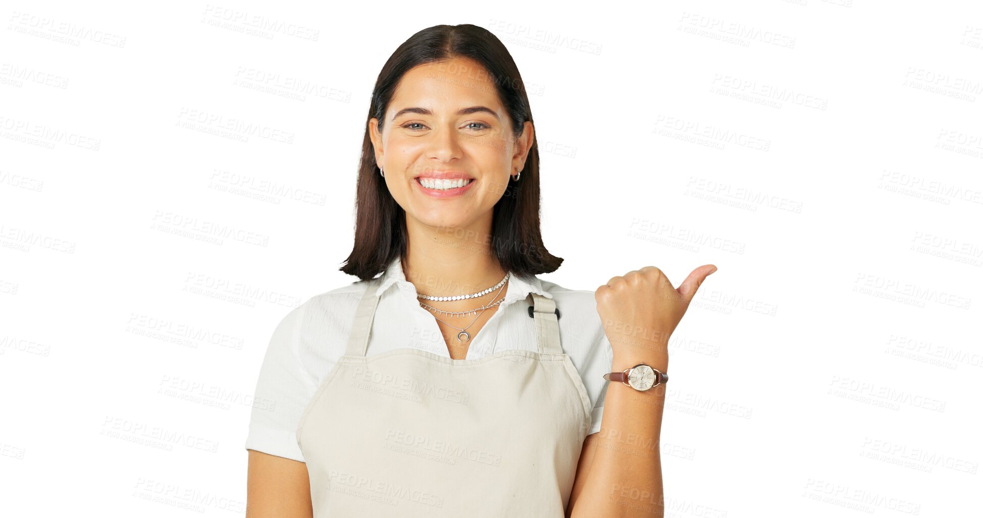 Buy stock photo Portrait, pointing and review with a barista woman isolated on a transparent background. Smile, coming soon and restaurant information with a happy young female person on PNG for product marketing