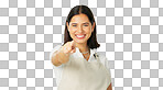 You, green screen and woman pointing for promotion or promo isolated in a studio studio background. Deal, sale and portrait of female showing advertising, marketing and a choice or option