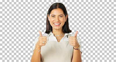 Buy stock photo Happy woman, waitress portrait and thumbs up for good job, agreement or service. Smile, female worker and emoji gesture for restaurant like or yes and isolated on a transparent png background