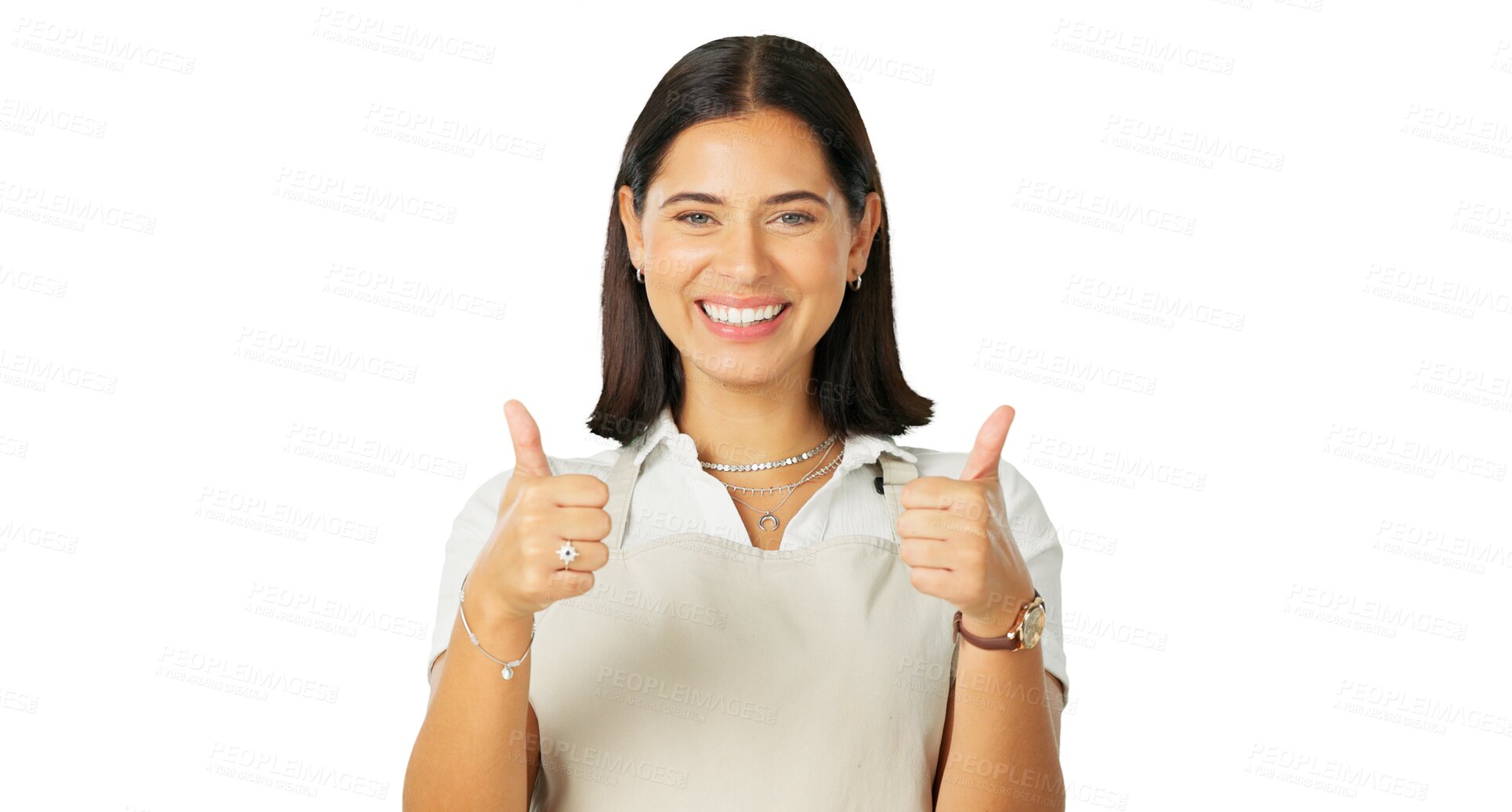 Buy stock photo Happy woman, waitress portrait and thumbs up for good job, agreement or service. Smile, female worker and emoji gesture for restaurant like or yes and isolated on a transparent png background