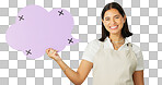 Speech bubble, happy woman and face with marketing on green screen, mockup space and social media branding. Logo promo, tracking markers and female smile in portrait, advertising on studio background