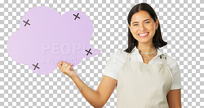 Buy stock photo Social media, happy woman and barista portrait with speech bubble news, communication or retail sales voice. Promotion deal banner, tracking markers and female waitress on transparent, png background