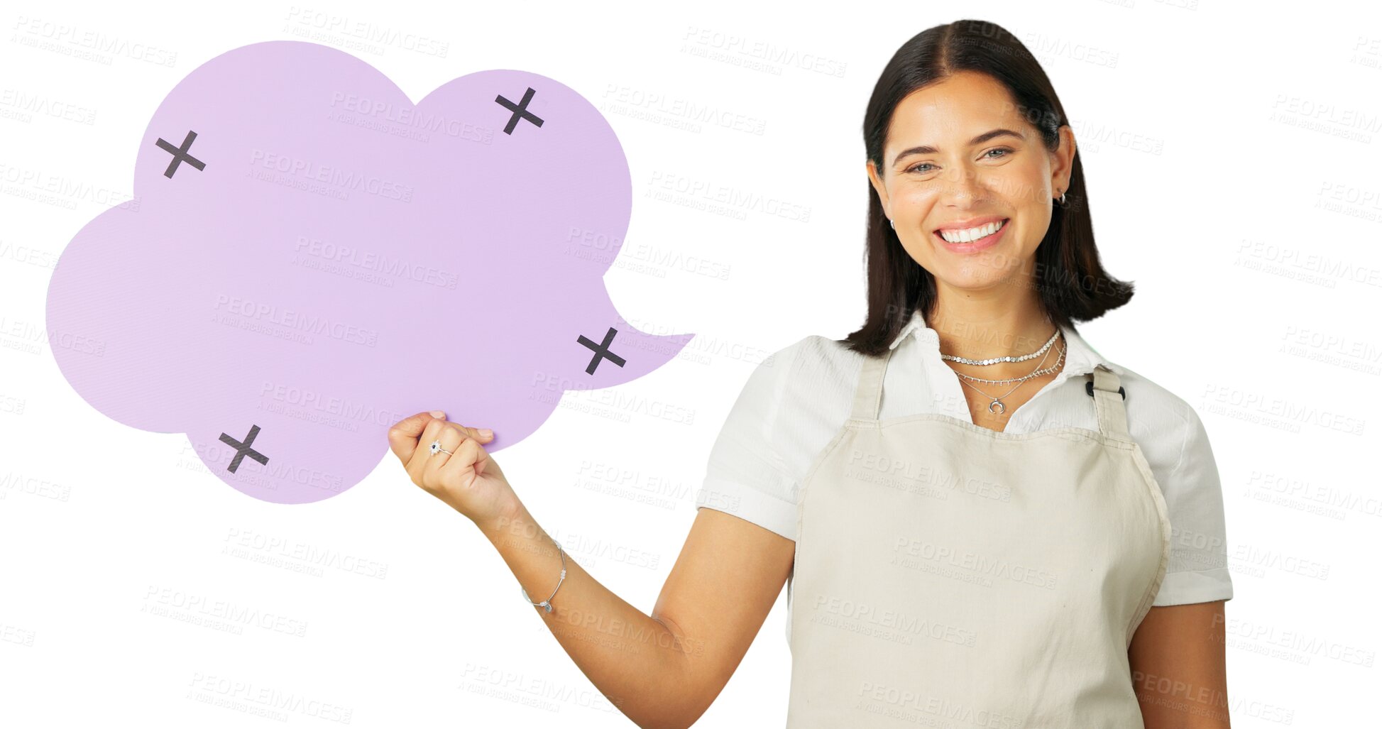 Buy stock photo Social media, happy woman and barista portrait with speech bubble news, communication or retail sales voice. Promotion deal banner, tracking markers and female waitress on transparent, png background