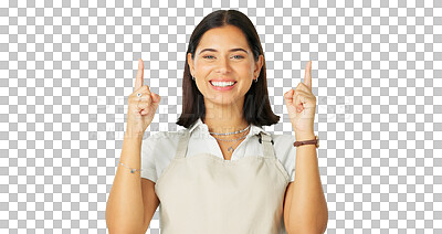 Buy stock photo Hands, pointing up and portrait of woman or barista with a smile for promotion offer on transparent, isolated or png background. Advertising, gesture and model in apron for announcement, info or deal