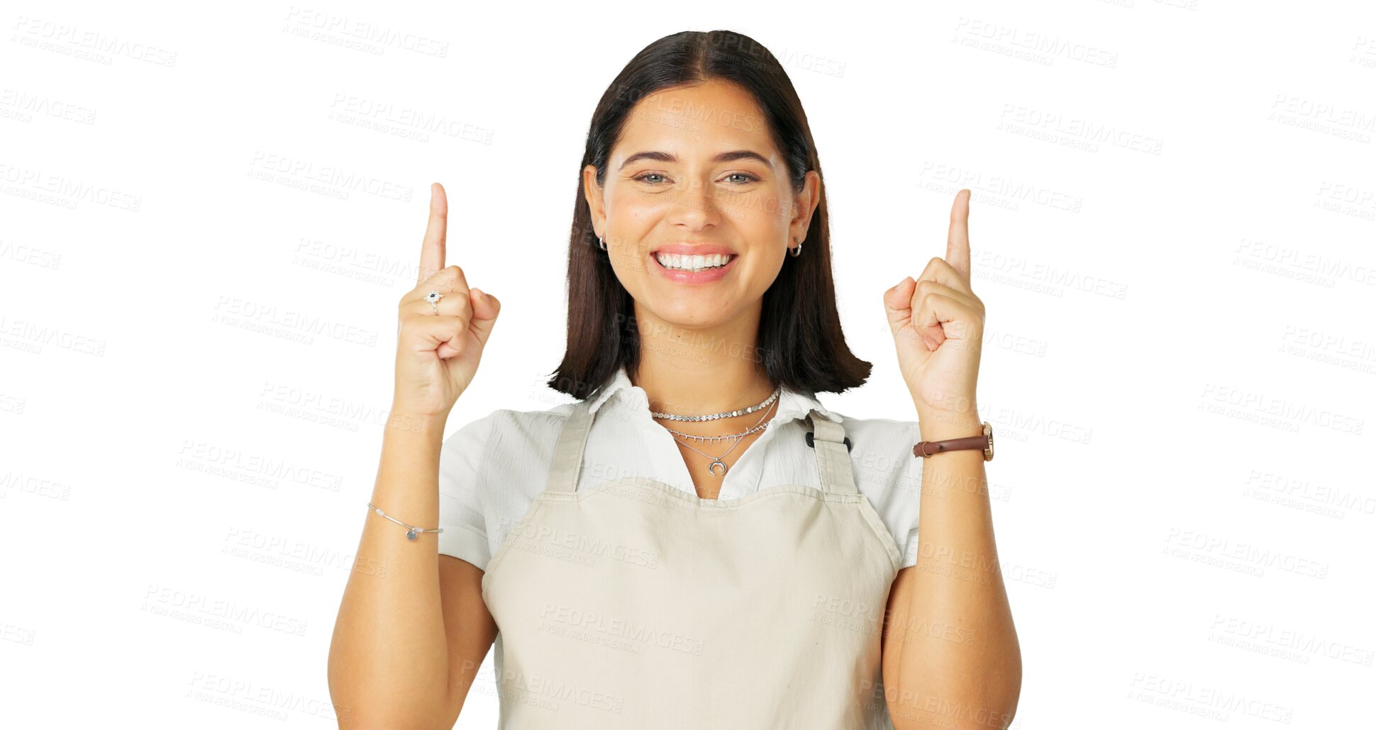 Buy stock photo Hands, pointing up and portrait of woman or barista with a smile for promotion offer on transparent, isolated or png background. Advertising, gesture and model in apron for announcement, info or deal