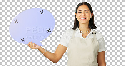 Buy stock photo Billboard, happy woman and barista portrait with speech bubble voice, hospitality communication or restaurant commercial. Social media, tracking markers and cafe person on transparent, png background