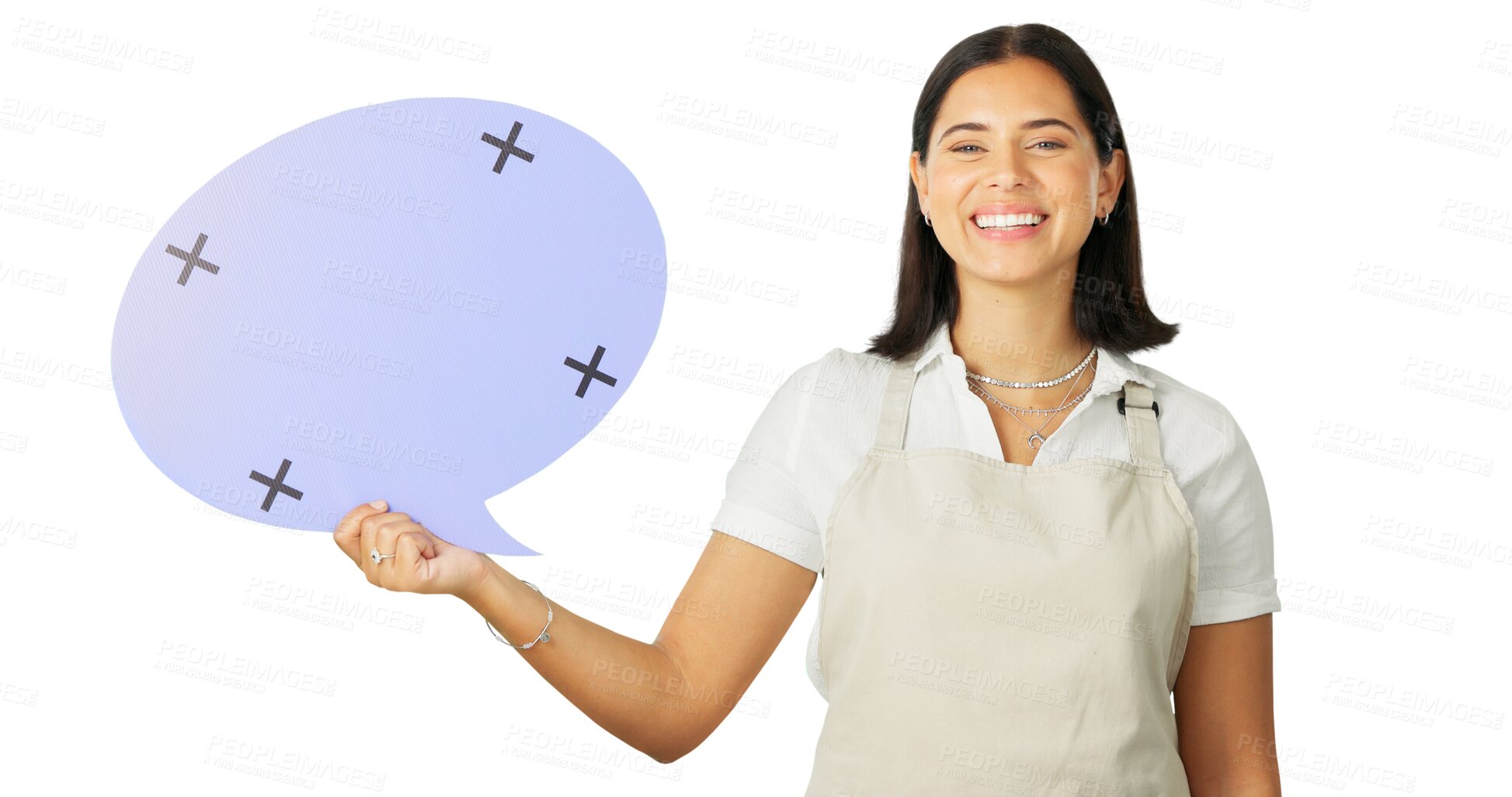 Buy stock photo Billboard, happy woman and barista portrait with speech bubble voice, hospitality communication or restaurant commercial. Social media, tracking markers and cafe person on transparent, png background