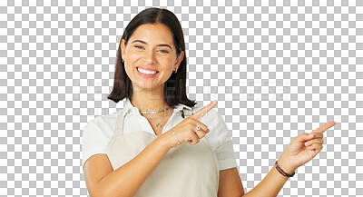 Buy stock photo Portrait, pointing and marketing with a barista woman isolated on a transparent background. Smile, contact and promotion with a happy young female person on PNG for restaurant menu advertising