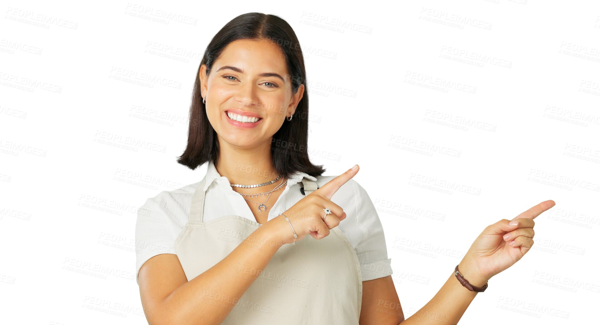 Buy stock photo Portrait, pointing and marketing with a barista woman isolated on a transparent background. Smile, contact and promotion with a happy young female person on PNG for restaurant menu advertising