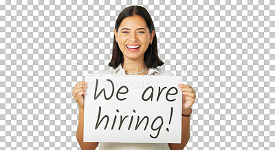 Buy stock photo Happy woman, portrait and hiring sign for job advertising or opportunity isolated on a transparent PNG background. Female person employer with billboard or poster in recruiting, advertising or growth