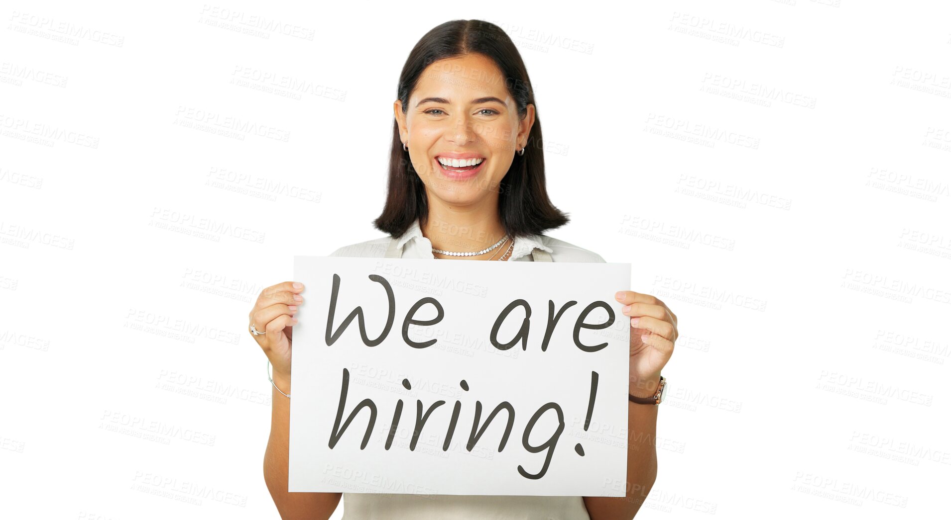 Buy stock photo Happy woman, portrait and hiring sign for job advertising or opportunity isolated on a transparent PNG background. Female person employer with billboard or poster in recruiting, advertising or growth