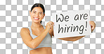 Happy woman, hiring poster and green screen with job advertising, work opportunity at gym in portrait. Billboard, sign and female with smile and recruitment at fitness club on studio background