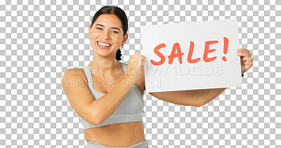 Buy stock photo Sales poster, fitness portrait or happy woman advertising gym discount, workout promotion or sports club commercial. Personal trainer, brand deal sign or female athlete on transparent, png background