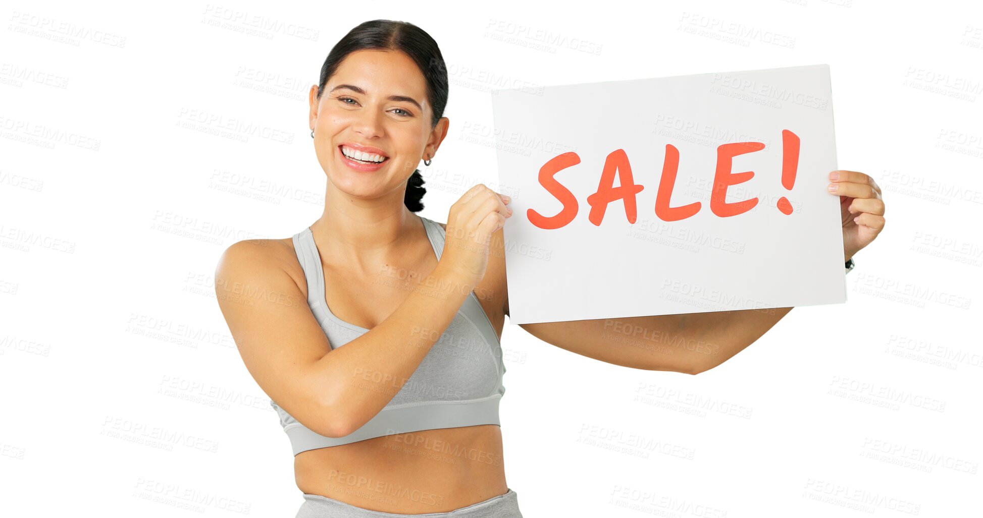 Buy stock photo Sales poster, fitness portrait or happy woman advertising gym discount, workout promotion or sports club commercial. Personal trainer, brand deal sign or female athlete on transparent, png background