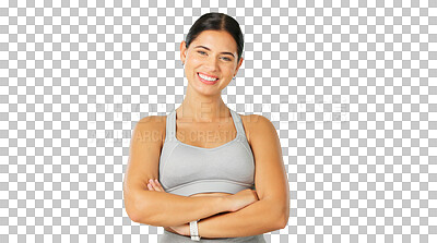 Buy stock photo Happy woman, portrait and fitness with arms crossed in confidence isolated on a transparent PNG background. Female person or professional sports athlete smile for workout, exercise or training at gym