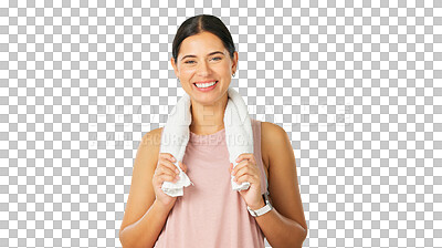 Buy stock photo Happy woman, portrait and towel for fitness, exercise or healthy training isolated on a transparent PNG background. Female person, sports athlete or model with sweat cloth for intense cardio workout