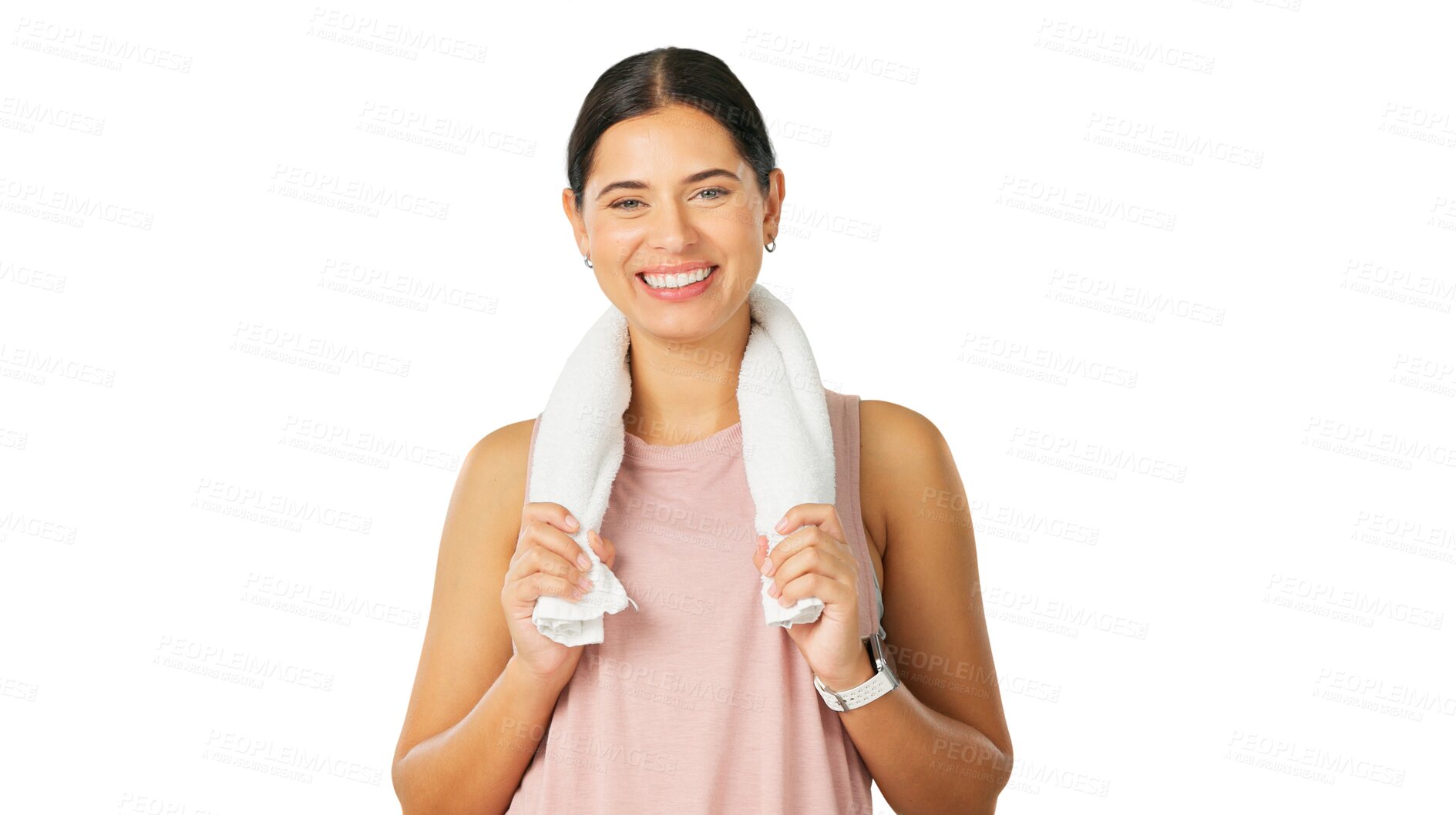 Buy stock photo Happy woman, portrait and towel for fitness, exercise or healthy training isolated on a transparent PNG background. Female person, sports athlete or model with sweat cloth for intense cardio workout