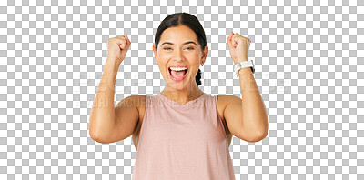 Buy stock photo Fitness celebration, portrait and happy woman cheers, excited and celebrate achievement, winning or success. Fist pump, workout competition winner and exercise person on transparent, png background