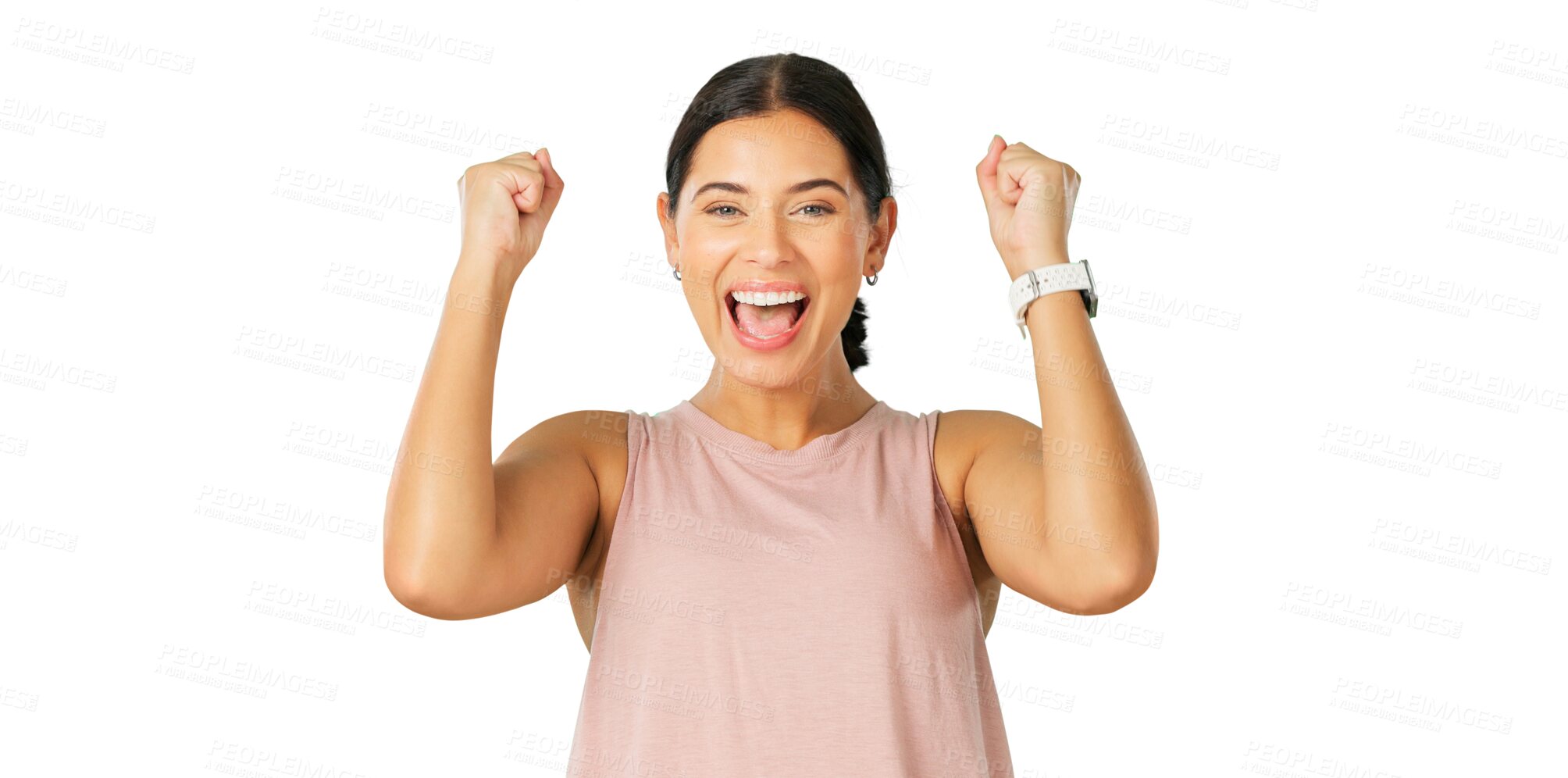 Buy stock photo Fitness celebration, portrait and happy woman cheers, excited and celebrate achievement, winning or success. Fist pump, workout competition winner and exercise person on transparent, png background