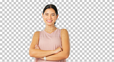 Buy stock photo Portrait, fitness and woman with arms crossed, health and confident girl isolated on a transparent background. Face, female athlete and person with confidence, workout and training for energy and png