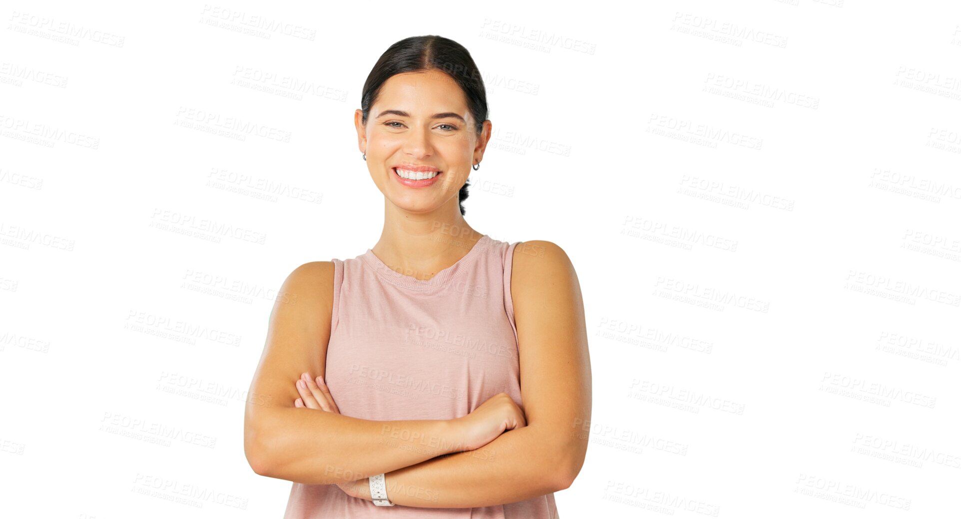 Buy stock photo Portrait, fitness and woman with arms crossed, health and confident girl isolated on a transparent background. Face, female athlete and person with confidence, workout and training for energy and png