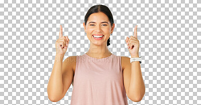 Buy stock photo Portrait, pointing and sales with a brand ambassador woman isolated on a transparent background. Smile, branding and information with a happy young female person on PNG for product advertising