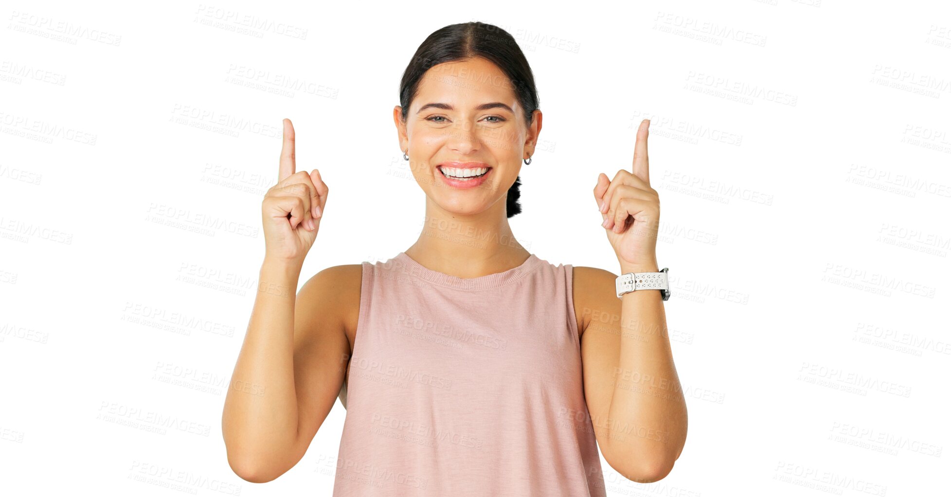 Buy stock photo Portrait, pointing and sales with a brand ambassador woman isolated on a transparent background. Smile, branding and information with a happy young female person on PNG for product advertising