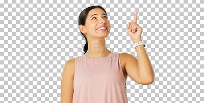 Buy stock photo Happy woman, pointing up and presentation for announcement, news or advertising isolated on transparent png background. Young person with hand to show creative information, idea or did you know