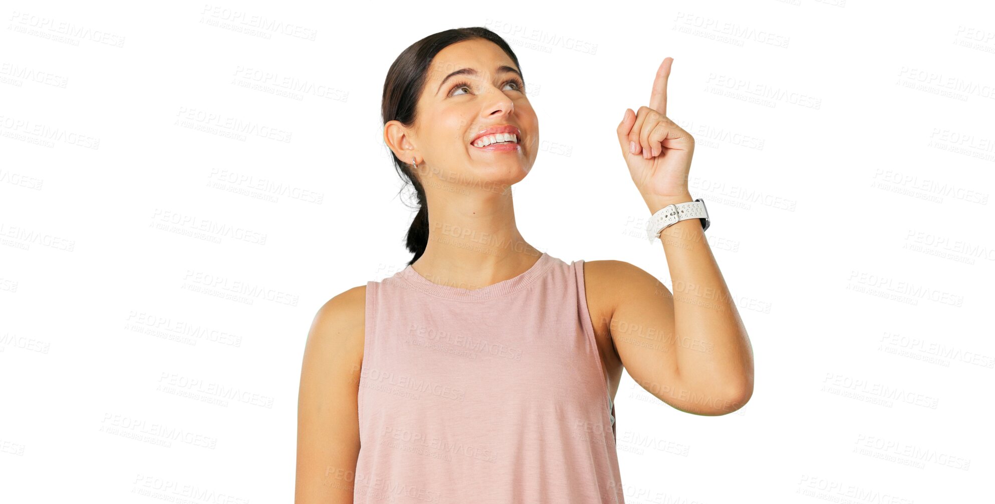 Buy stock photo Happy woman, pointing up and presentation for announcement, news or advertising isolated on transparent png background. Young person with hand to show creative information, idea or did you know