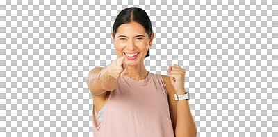 Buy stock photo Portrait, choice and a woman excited for a decision isolated on a transparent background to vote for you. Smile, pointing and opportunity with a happy young female person on PNG for selection