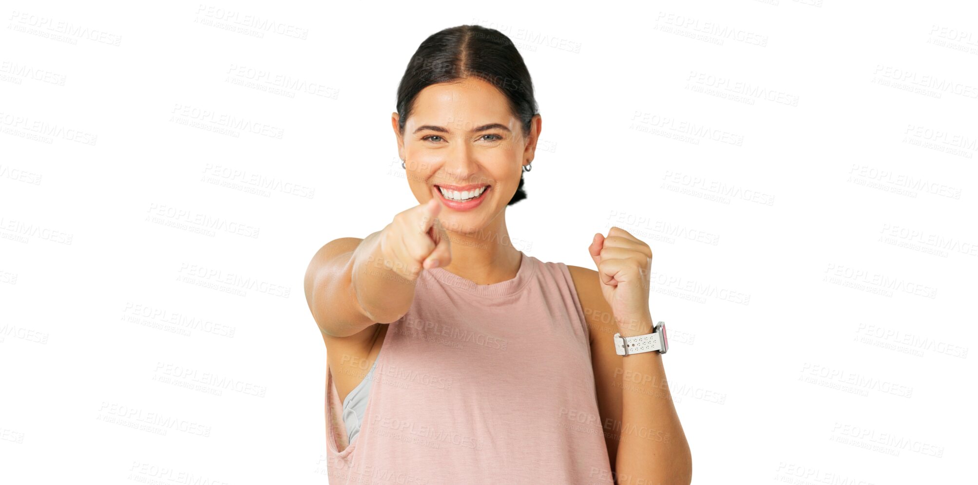 Buy stock photo Portrait, choice and a woman excited for a decision isolated on a transparent background to vote for you. Smile, pointing and opportunity with a happy young female person on PNG for selection