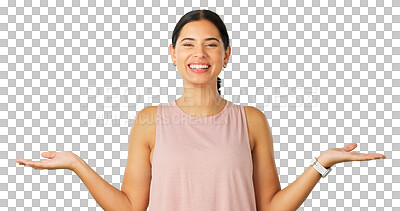 Buy stock photo Happy woman, decision and palm in choice, scale or option isolated on a transparent PNG background. Portrait of female person smile and hands out in fitness for marketing, advertising or presentation