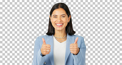 Buy stock photo Thumbs up, portrait and business woman with smile isolated on a transparent png background. Face, happy and professional with like hand sign for success, support or agreement, thank you or excellence