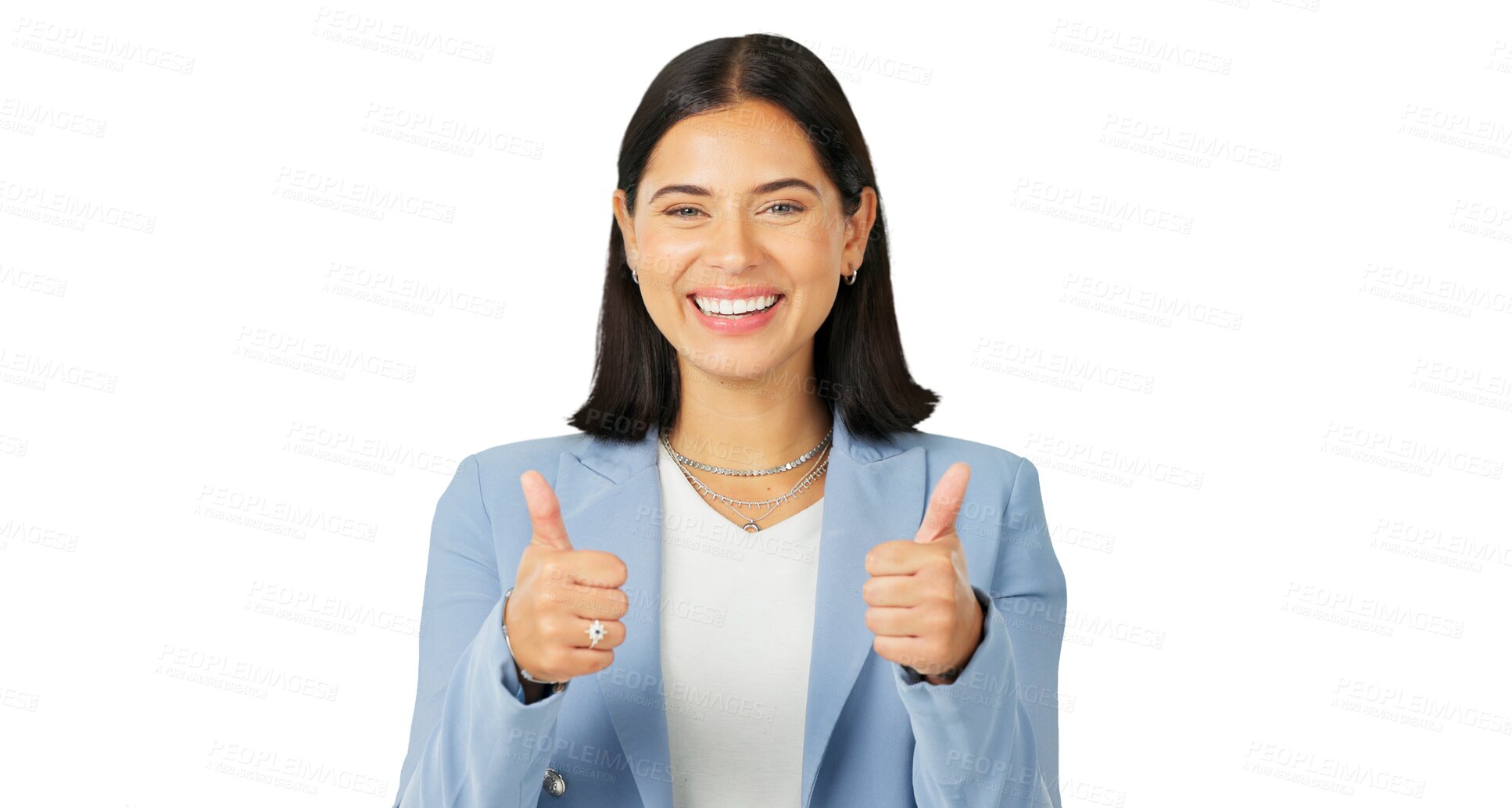 Buy stock photo Thumbs up, portrait and business woman with smile isolated on a transparent png background. Face, happy and professional with like hand sign for success, support or agreement, thank you or excellence