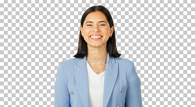 Buy stock photo Portrait, smile and management with a business woman isolated on a transparent background for a career opportunity. Corporate, trust and motivation with a happy young female professional on PNG