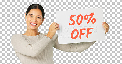 Buy stock photo Sales poster, portrait and happy woman advertising 50 percent discount, retail promotion or shopping commercial. Billboard announcement, brand deal sign or person smile on transparent, png background