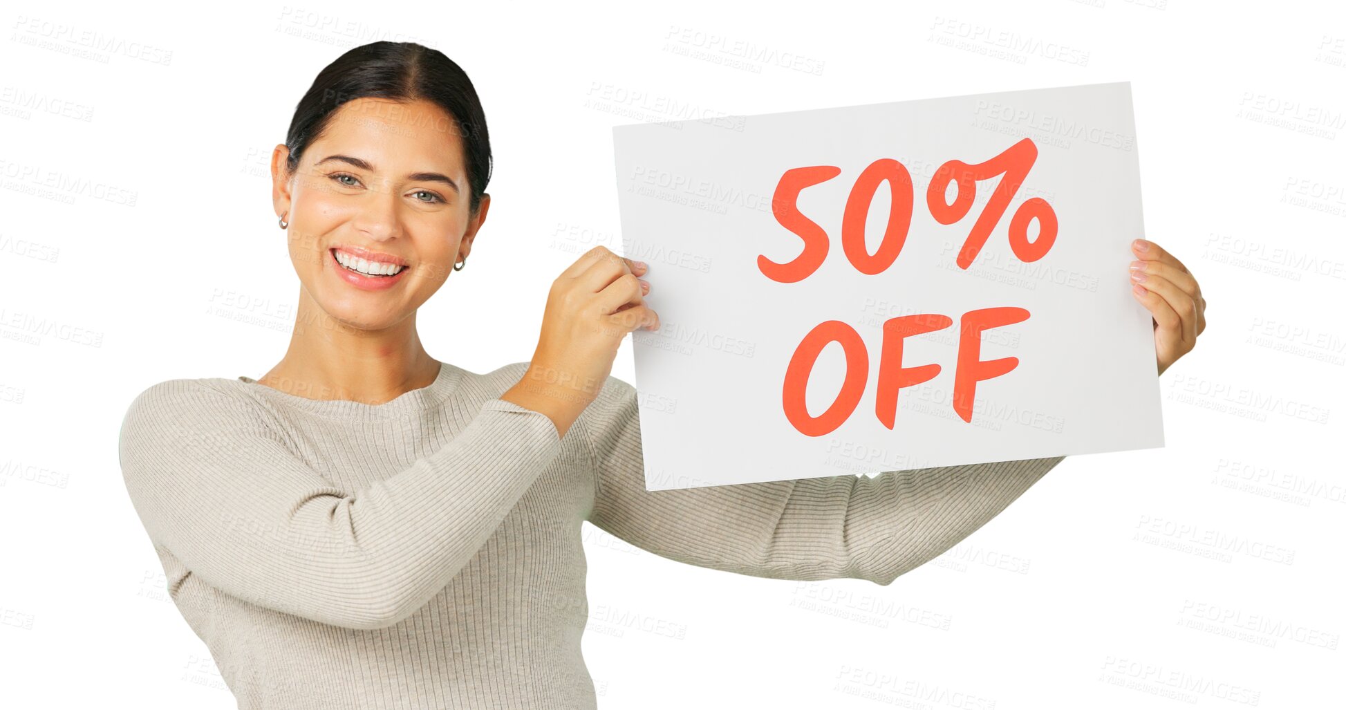 Buy stock photo Sales poster, portrait and happy woman advertising 50 percent discount, retail promotion or shopping commercial. Billboard announcement, brand deal sign or person smile on transparent, png background