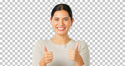 Buy stock photo Thumbs up, portrait and happy woman with success isolated on a transparent png background. Face, smile and person with like hand for feedback, support and agreement for vote of excellence in review