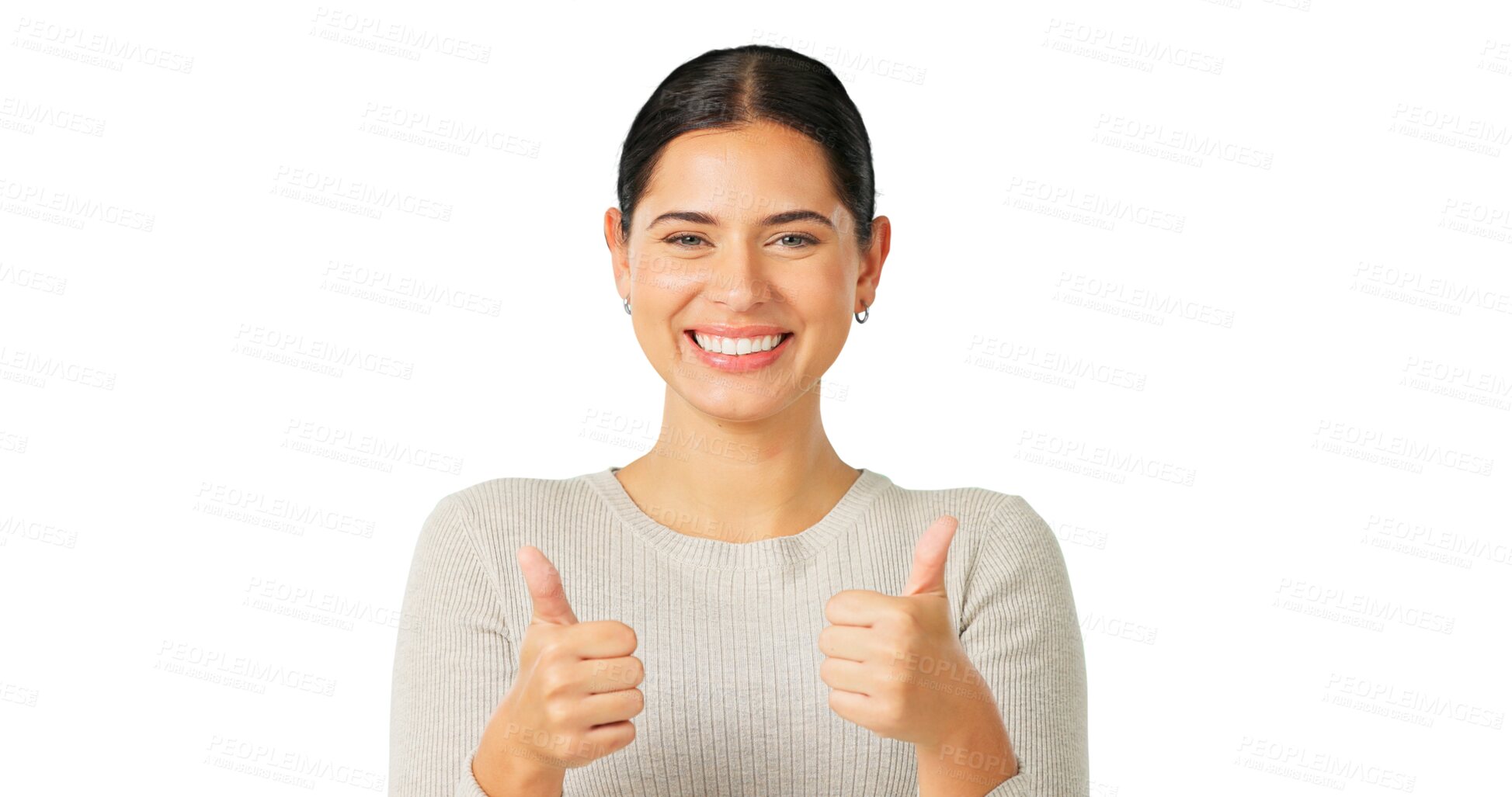 Buy stock photo Thumbs up, portrait and happy woman with success isolated on a transparent png background. Face, smile and person with like hand for feedback, support and agreement for vote of excellence in review