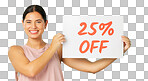 Green screen, sale poster and woman isolated on studio background with 25 percent off for advertising promo. Happy face of business owner or person with cardboard sign for retail discount marketing