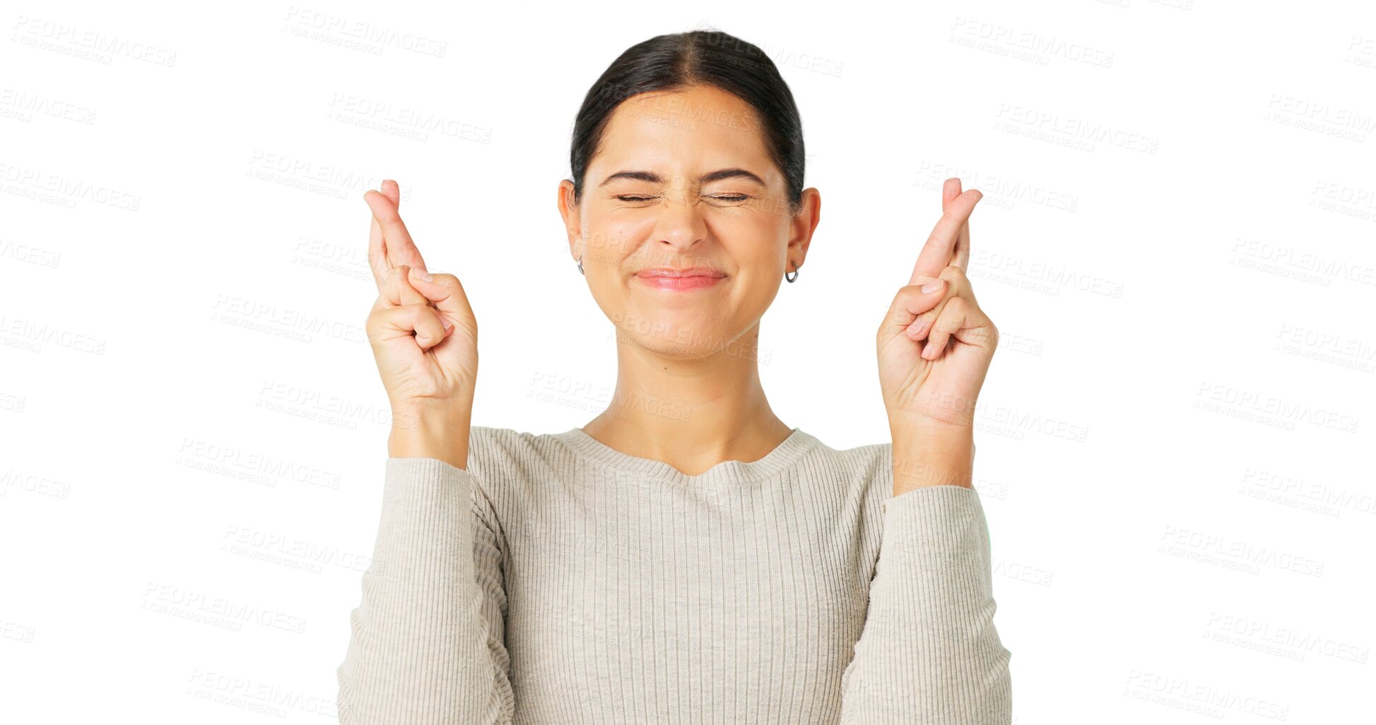 Buy stock photo Face of woman, fingers crossed and hope for success, good luck and waiting isolated on transparent png background. Nervous model, hands and wish for bonus, winning lottery and emoji for competition 