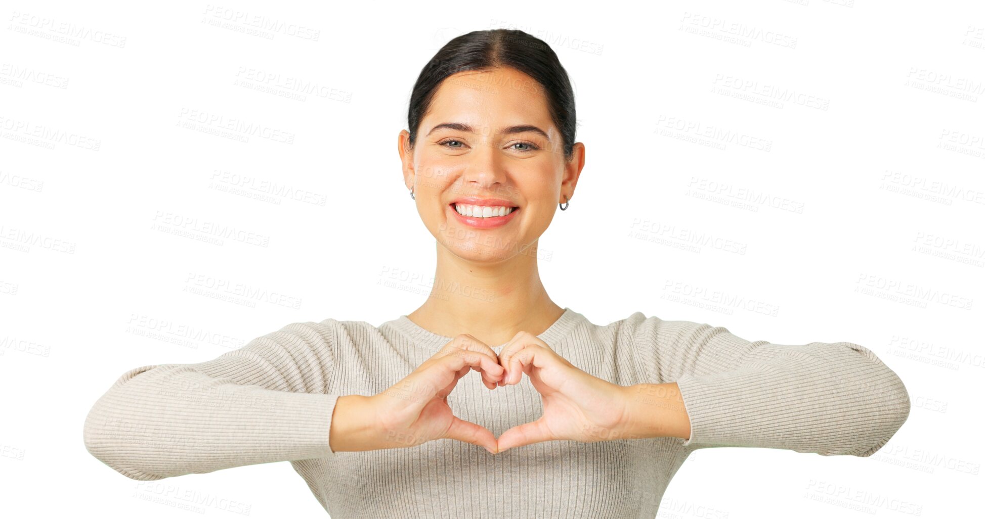 Buy stock photo Happy portrait, heart and hands of woman for care, kindness or charity donation isolated on transparent png background. Face of model smile with finger shape, icon or thank you emoji for love or hope