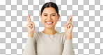 Excited woman, fingers crossed and face on green screen, background and studio for good luck. Portrait of happy female model hope for winning prize, wish and optimism with emoji sign, hands and smile