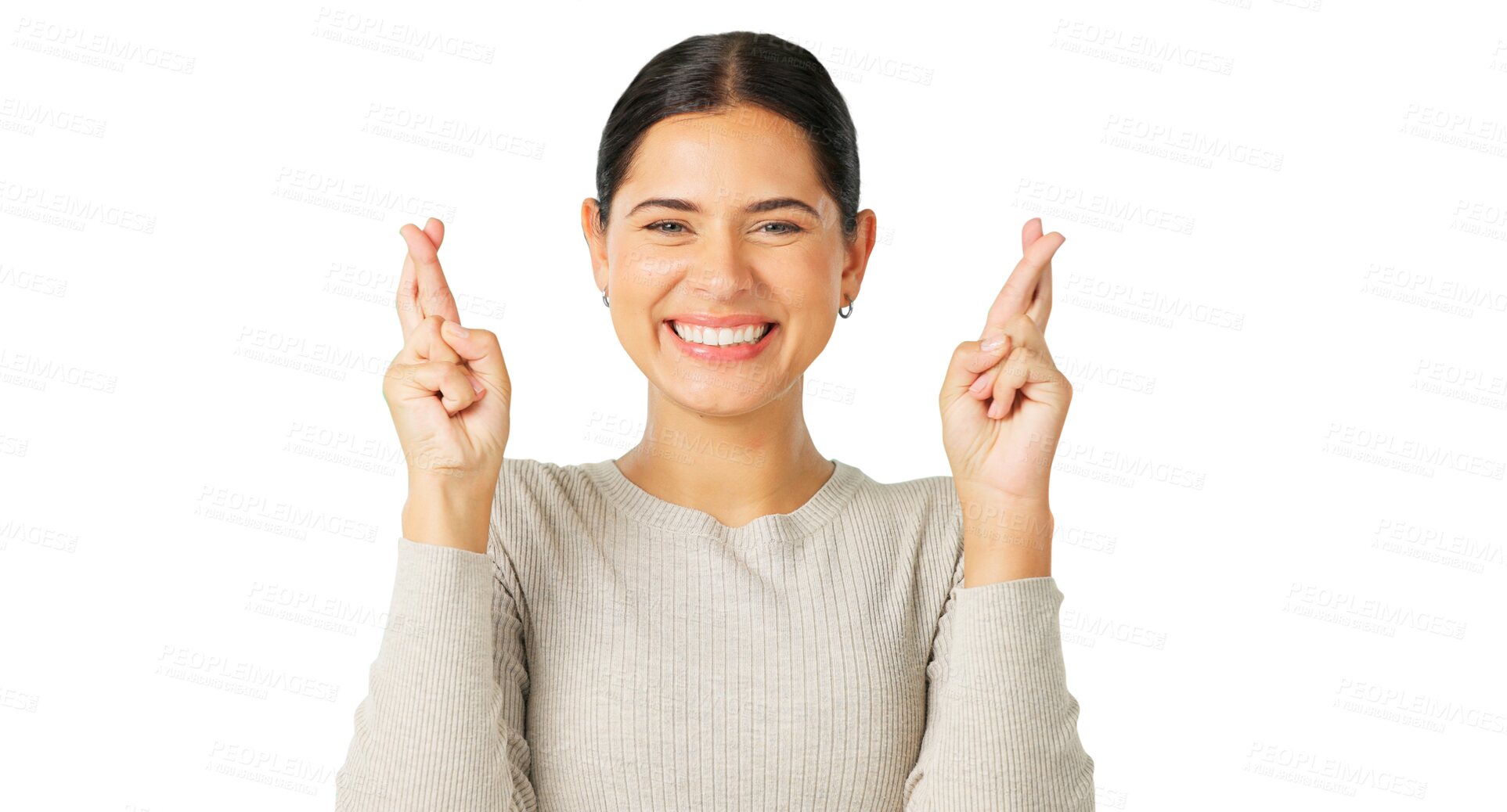 Buy stock photo Portrait, excited woman and fingers crossed with a smile isolated on a transparent background for luck. Wish, hope and optimism with a happy young female model on PNG showing an emoji hands sign