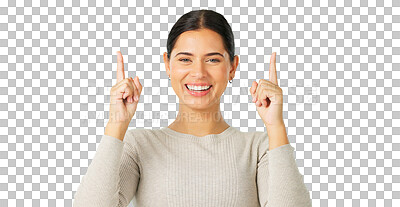 Buy stock photo Portrait, pointing up and hands of a woman for coming soon announcement isolated on a transparent background. Smile, review and feedback with a happy young person on PNG for marketing or advertising