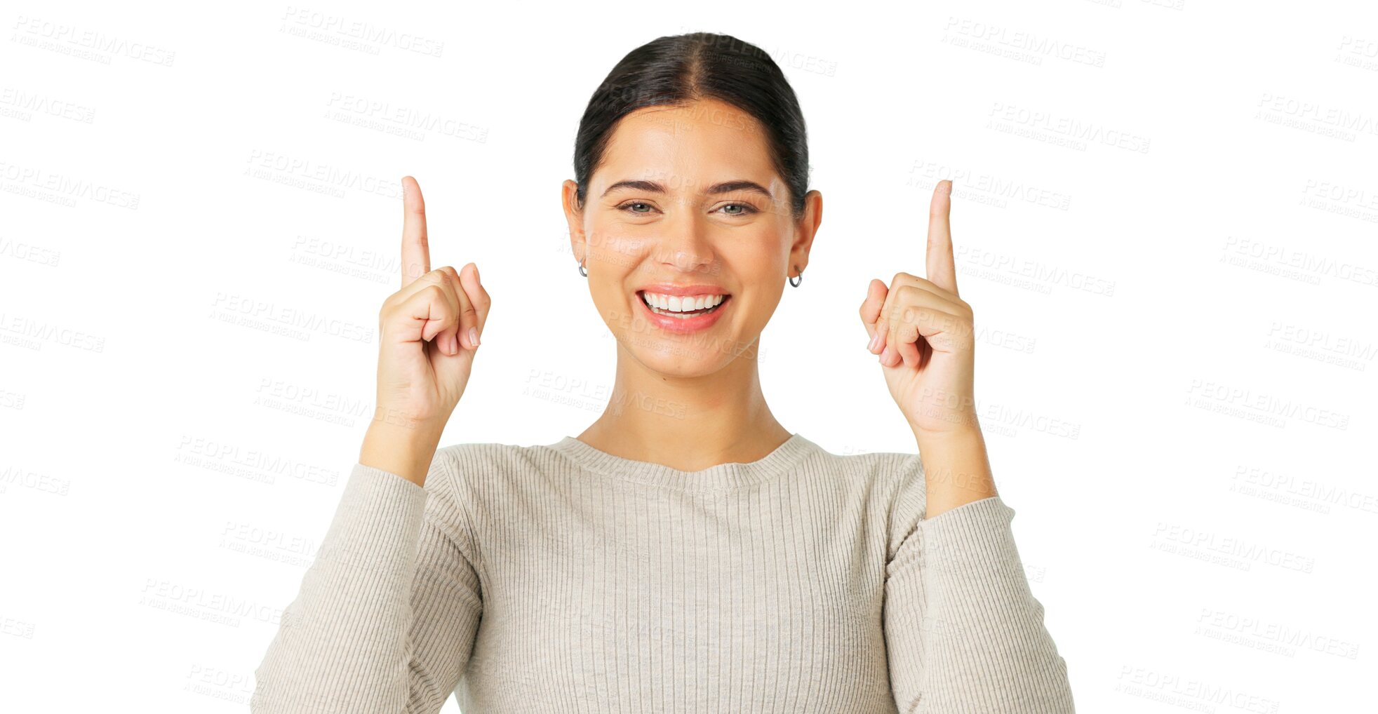 Buy stock photo Portrait, pointing up and hands of a woman for coming soon announcement isolated on a transparent background. Smile, review and feedback with a happy young person on PNG for marketing or advertising