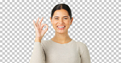 Buy stock photo Ok hands, woman and portrait with smile, support and isolated on transparent png background. Face of happy female model with okay sign for success, yes and thank you for perfect emoji, icon and vote 