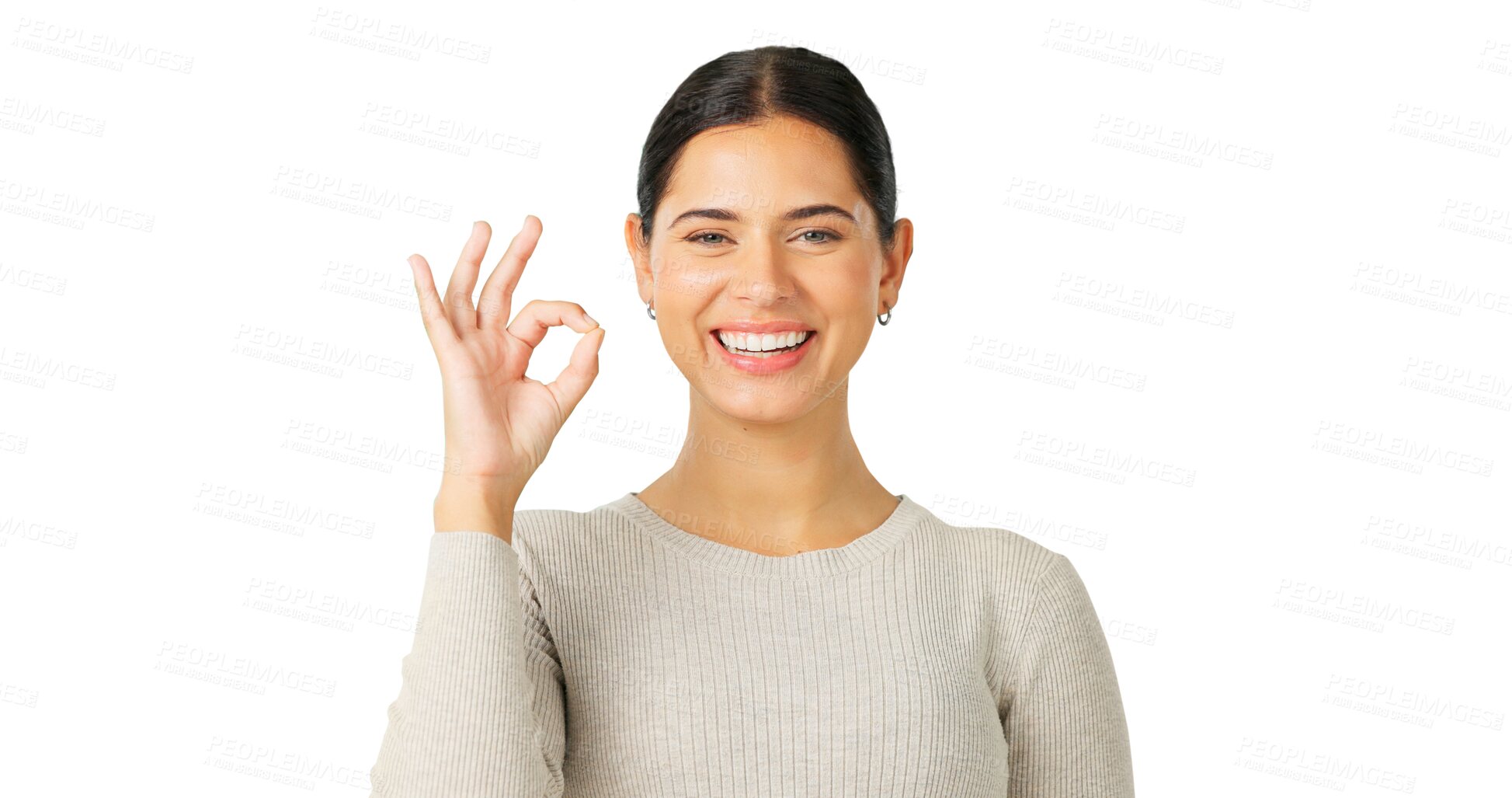 Buy stock photo Ok hands, woman and portrait with smile, support and isolated on transparent png background. Face of happy female model with okay sign for success, yes and thank you for perfect emoji, icon and vote 