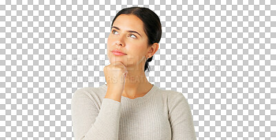Face, thinking and option with a woman on a green screen background in studio to consider a decision. Idea, mind and contemplating with an attractive young female looking thoughtful on chromakey